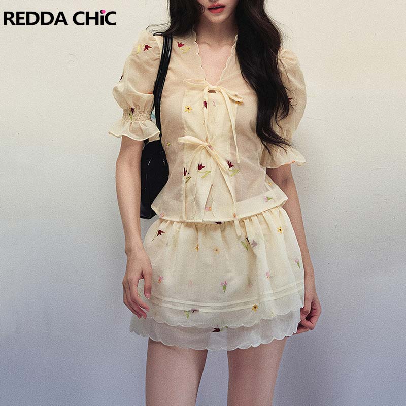 Embroidery Blouse - REDDACHiC Floral-embroidered Chiffon Top Skirt Women
