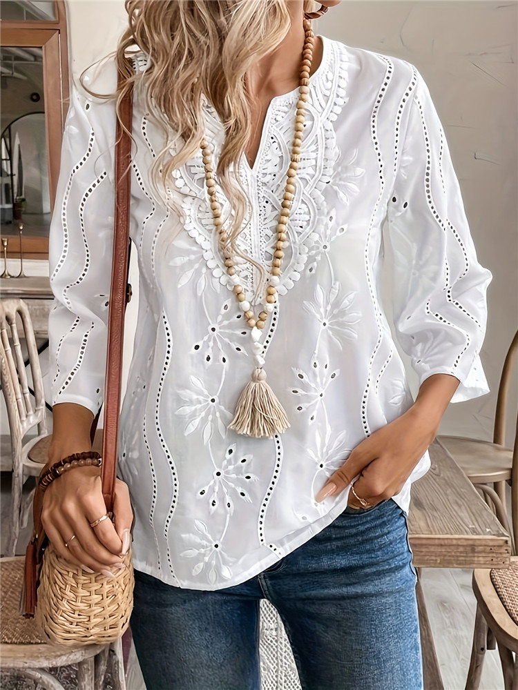 Embroidery Blouse - Women's White Shirt Summer Tops Elegant