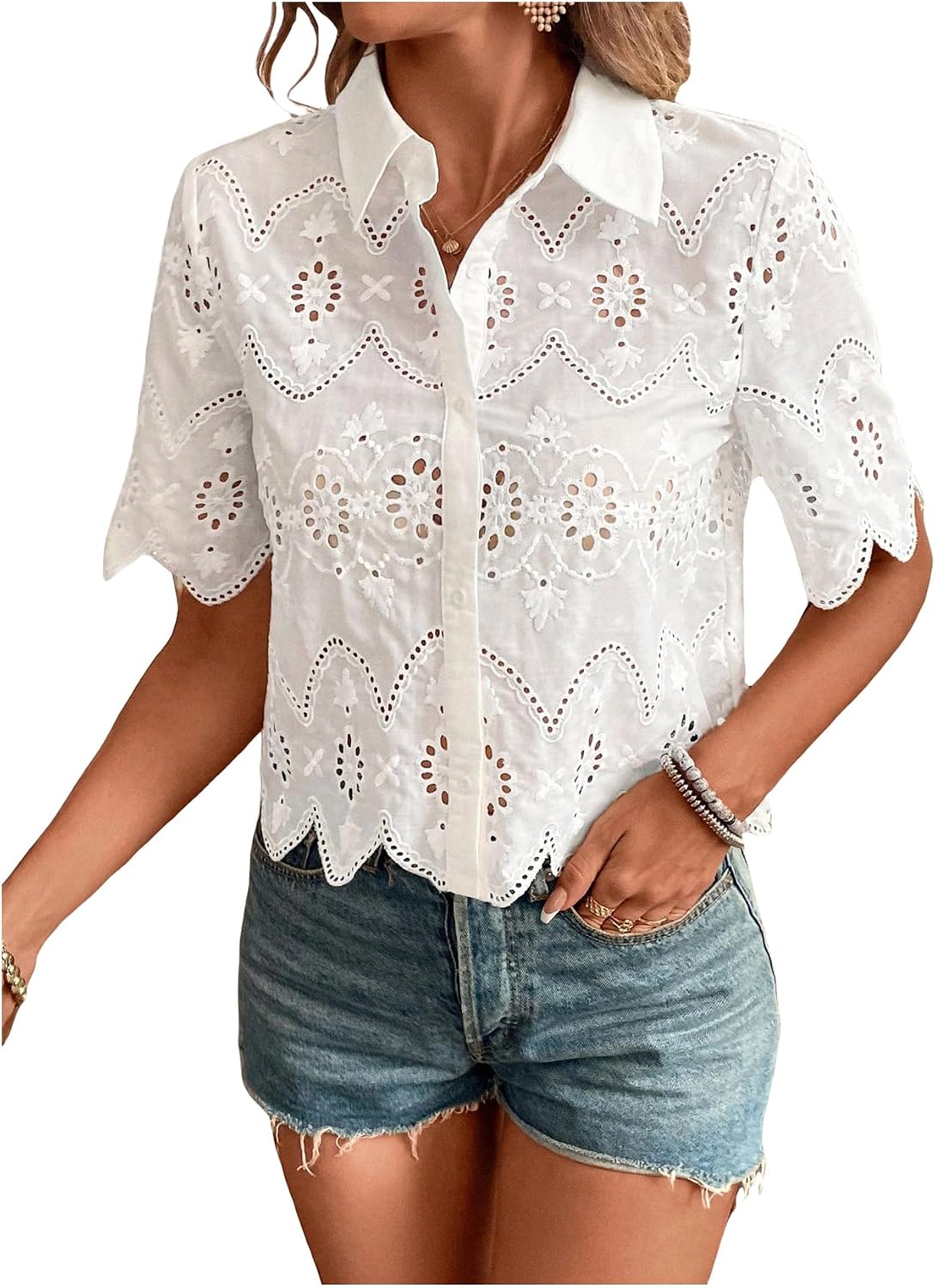 Women's Short Sleeve Button Do - Embroidery Blouse ulasan dan harga