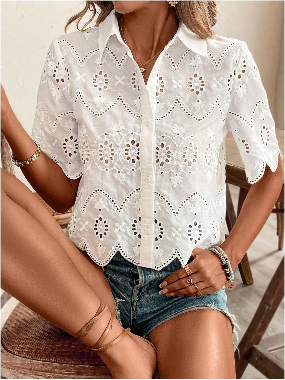 Women's Short Sleeve Button Do - Embroidery Blouse ulasan dan harga