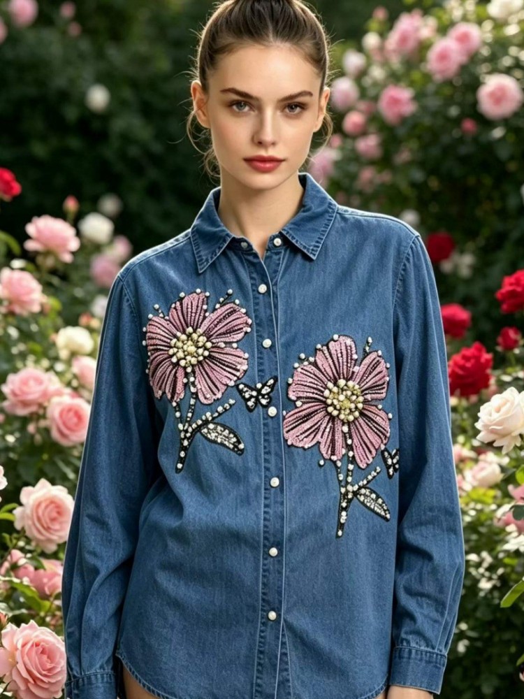 Women Denim Embroidery Blouses - Embroidery Blouse ulasan dan harga